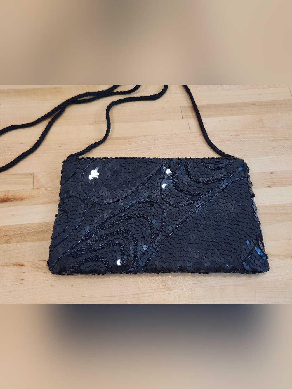 Vintage Magid Black Sequin Beaded Evening Bag Crossbody Clutch 70s 80s Formal